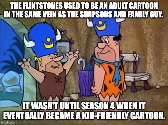 Two cartoon characters from The Flintstones, one with arms raised and the other smiling, are shown with overlaid text…