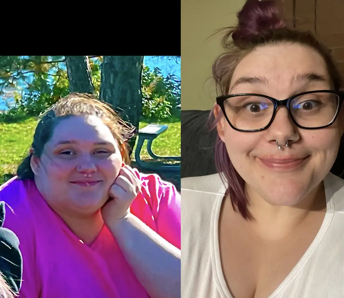 The image displays two side-by-side photos of the same woman. On the left, she is outdoors in a park wearing a pink shirt…
