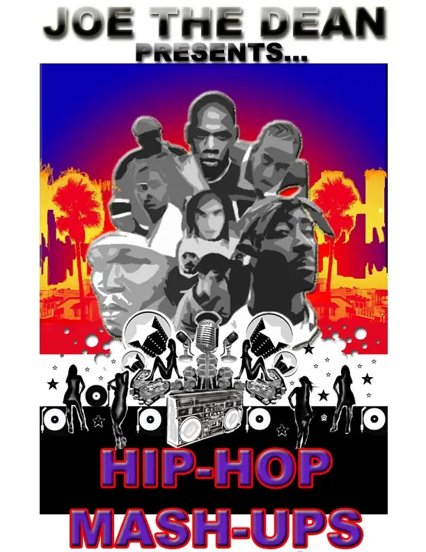 A stylized poster with a gradient blue-to-red background featuring silhouettes of palm trees and a city skyline. Centered…