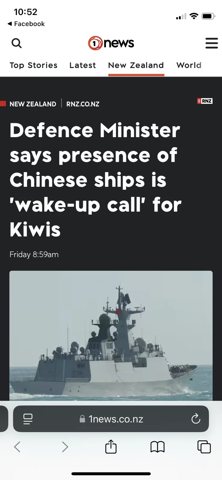 A screenshot of a 1news.co.nz article shows a Chinese naval ship sailing on the ocean, with the headline stating the Defence…