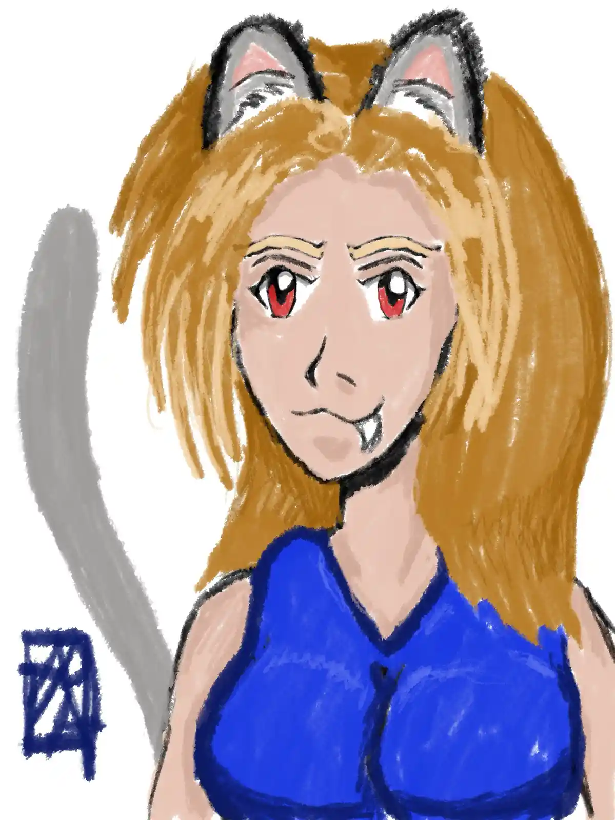 A hand-drawn anime-style illustration of a female character with blonde hair, cat ears, red eyes, and a grey tail, wearing a…