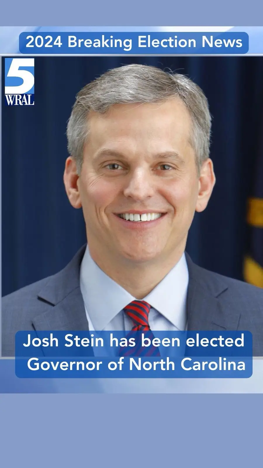 A digitally altered news broadcast image shows a smiling man in a suit and tie, with a blue banner at the top reading '2024…