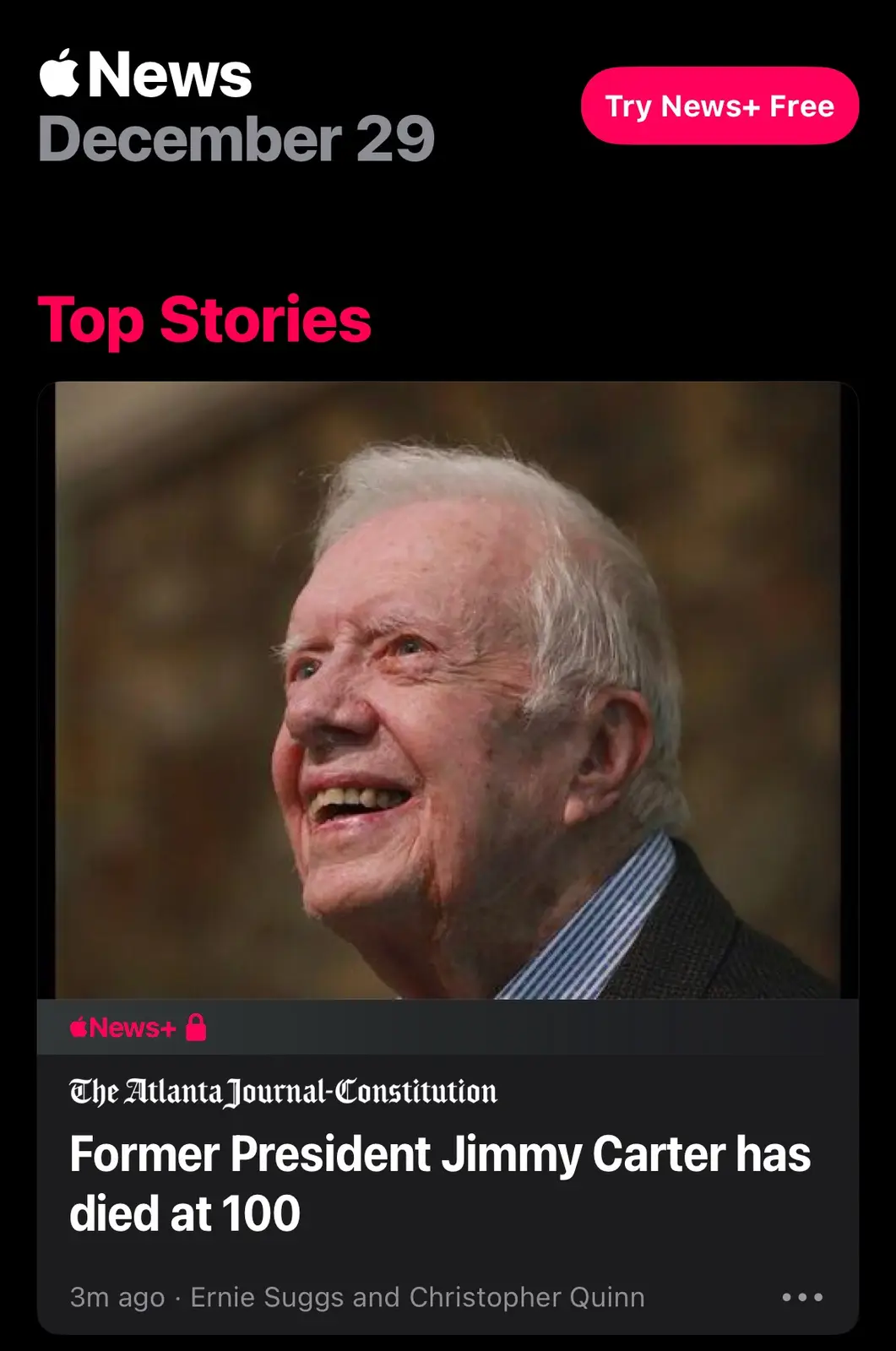 An Apple News app screenshot shows a 'Top Stories' headline from The Atlanta Journal-Constitution announcing the death of…