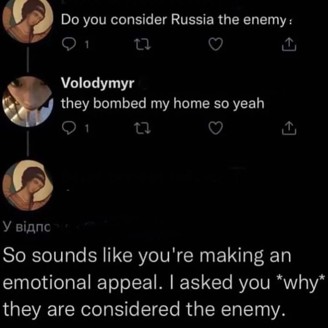 A screenshot of a social media thread shows a user asking if Russia is considered an enemy. A user named Volodymyr replies…