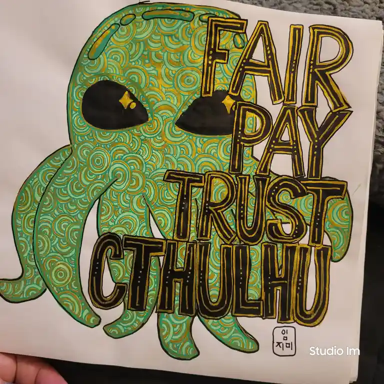 A hand-drawn illustration of a stylized green octopus with swirling patterns, overlaid with bold yellow and black text…