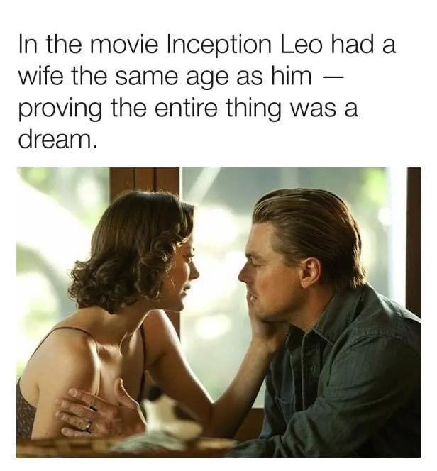 A still from the movie 'Inception' shows Leonardo DiCaprio and Marion Cotillard in an intimate, close-up moment, gazing at…