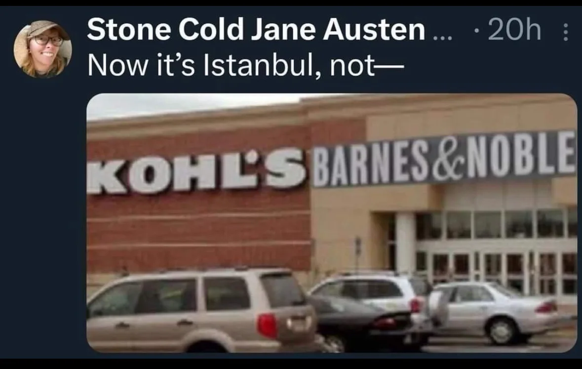 A screenshot of a social media post shows a blurred photo of a building with 'KOHL'S' and 'BARNES & NOBLE' signs…