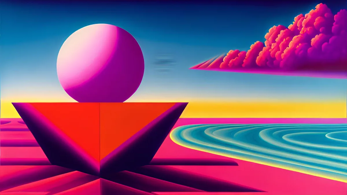 A surreal, vibrant digital artwork depicts a large pink sphere resting atop a red-orange triangular base in a stylized…