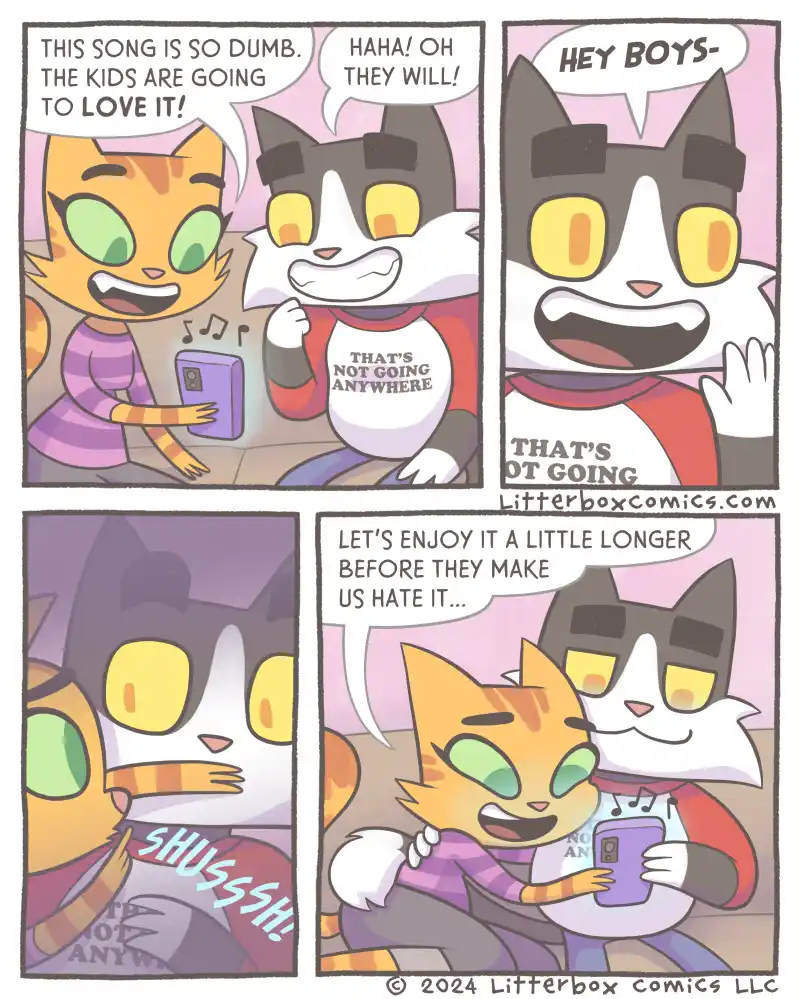 A four-panel comic strip featuring two anthropomorphic cats. In the first panel, an orange cat excitedly plays a song on a…