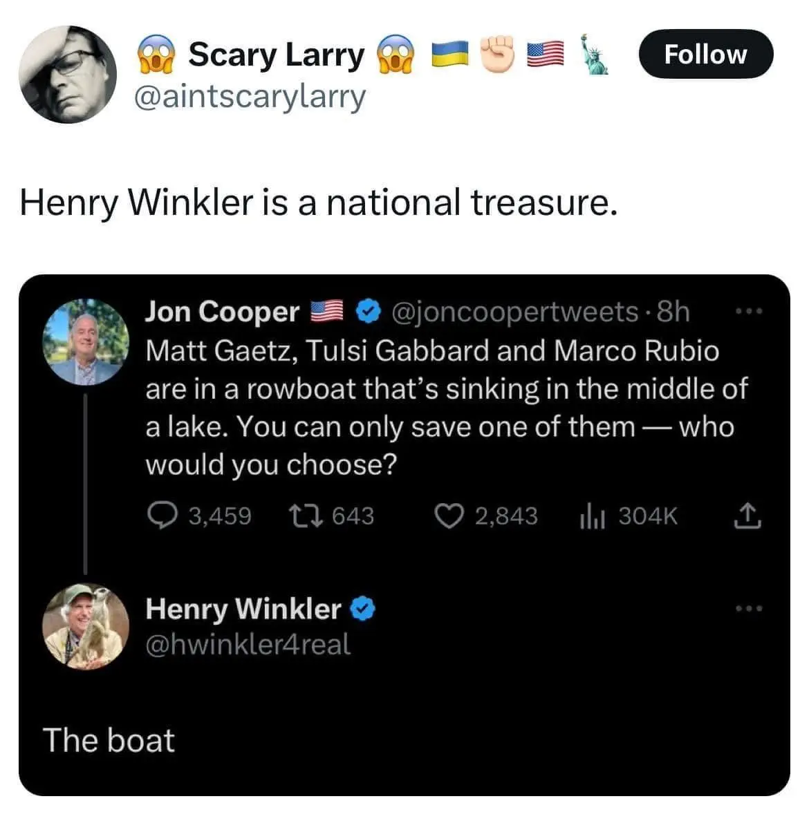 A screenshot of a Twitter thread shows Jon Cooper posing a hypothetical question about saving one of three politicians from…