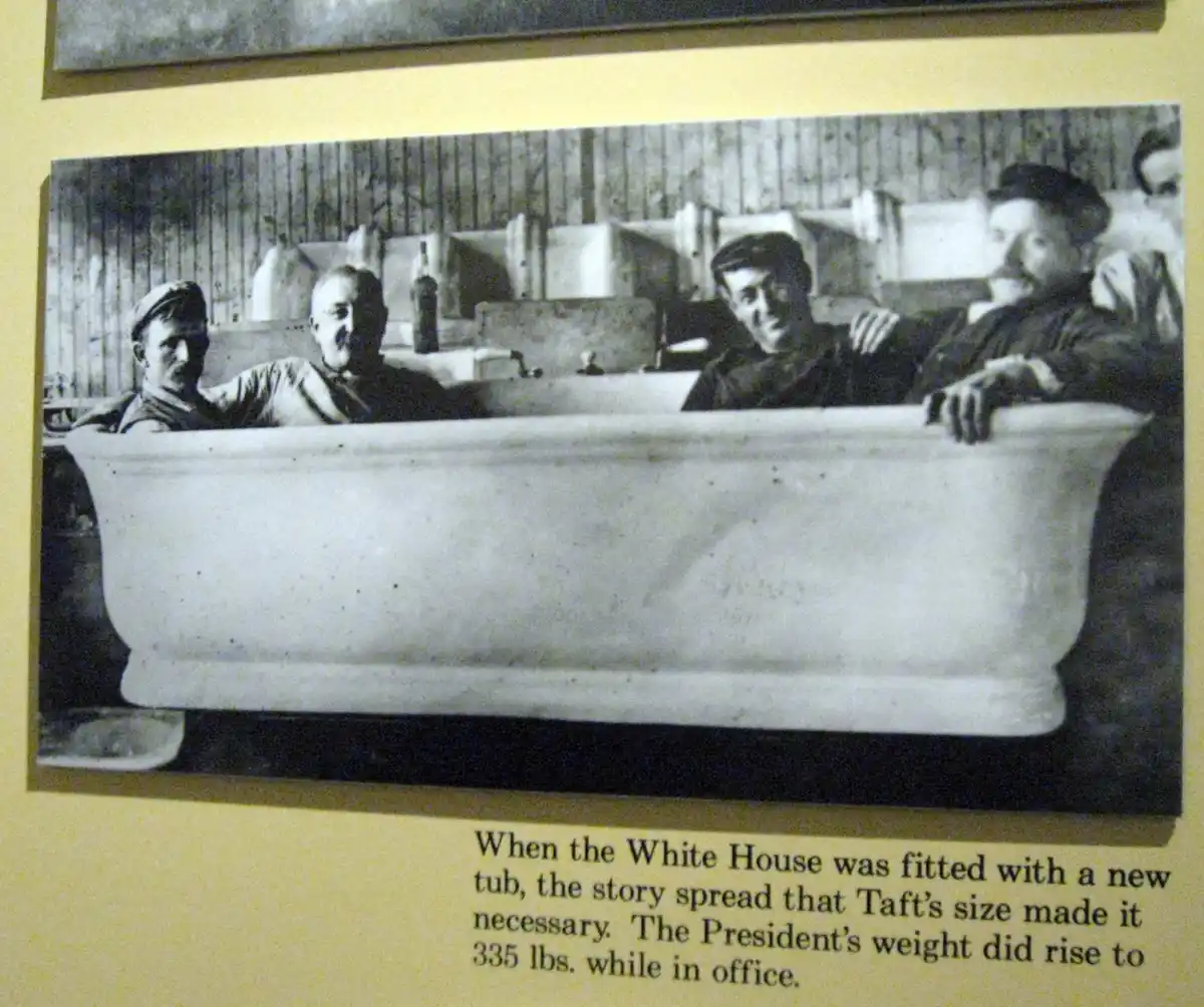 A black-and-white historical photo shows President William Howard Taft sitting in an oversized bathtub with several men…