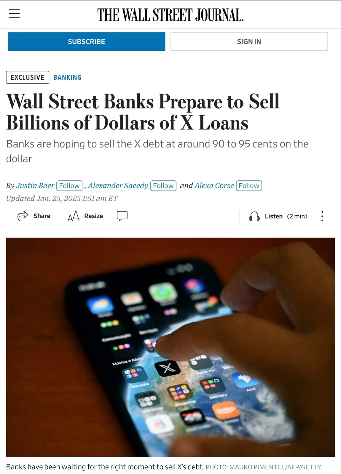 A screenshot of a Wall Street Journal article titled 'Wall Street Banks Prepare to Sell Billions of Dollars of X Loans' is…