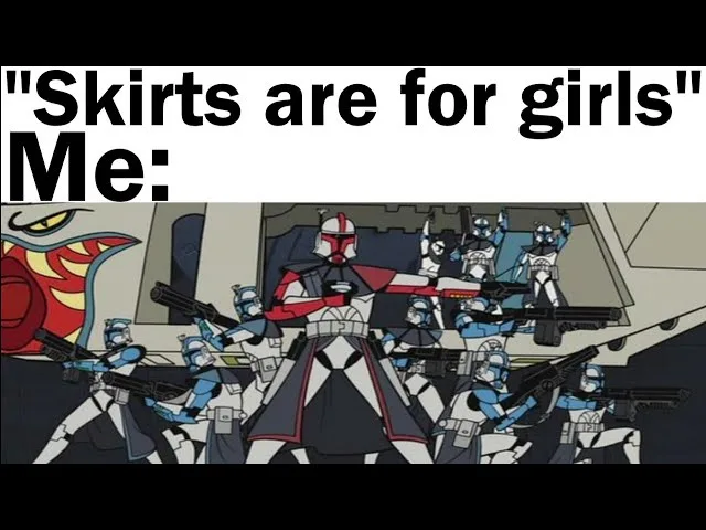 An image of a female clone trooper in a black and red skirt-like uniform standing among male clone troopers in blue and…