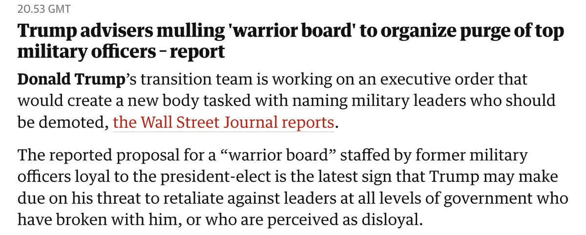 A screenshot of a news article from the Wall Street Journal with the headline 'Trump advisers mulling 'warrior board' to…