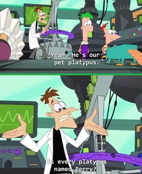 Two panels from the animated show 'Phineas and Ferb' show Dr. Doofenshmirtz and Perry the Platypus in a lab. In the top…