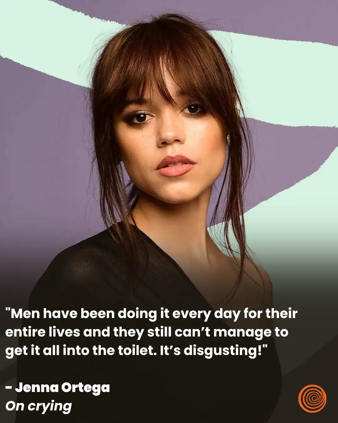 A portrait of actress Jenna Ortega with a serious, deadpan expression, set against a stylized purple and mint green…