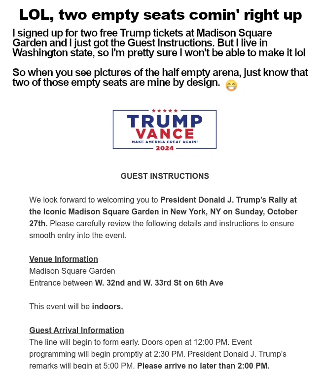The image displays a mock-up of 'Guest Instructions' for a Donald Trump 2024 rally at Madison Square Garden, complete with…