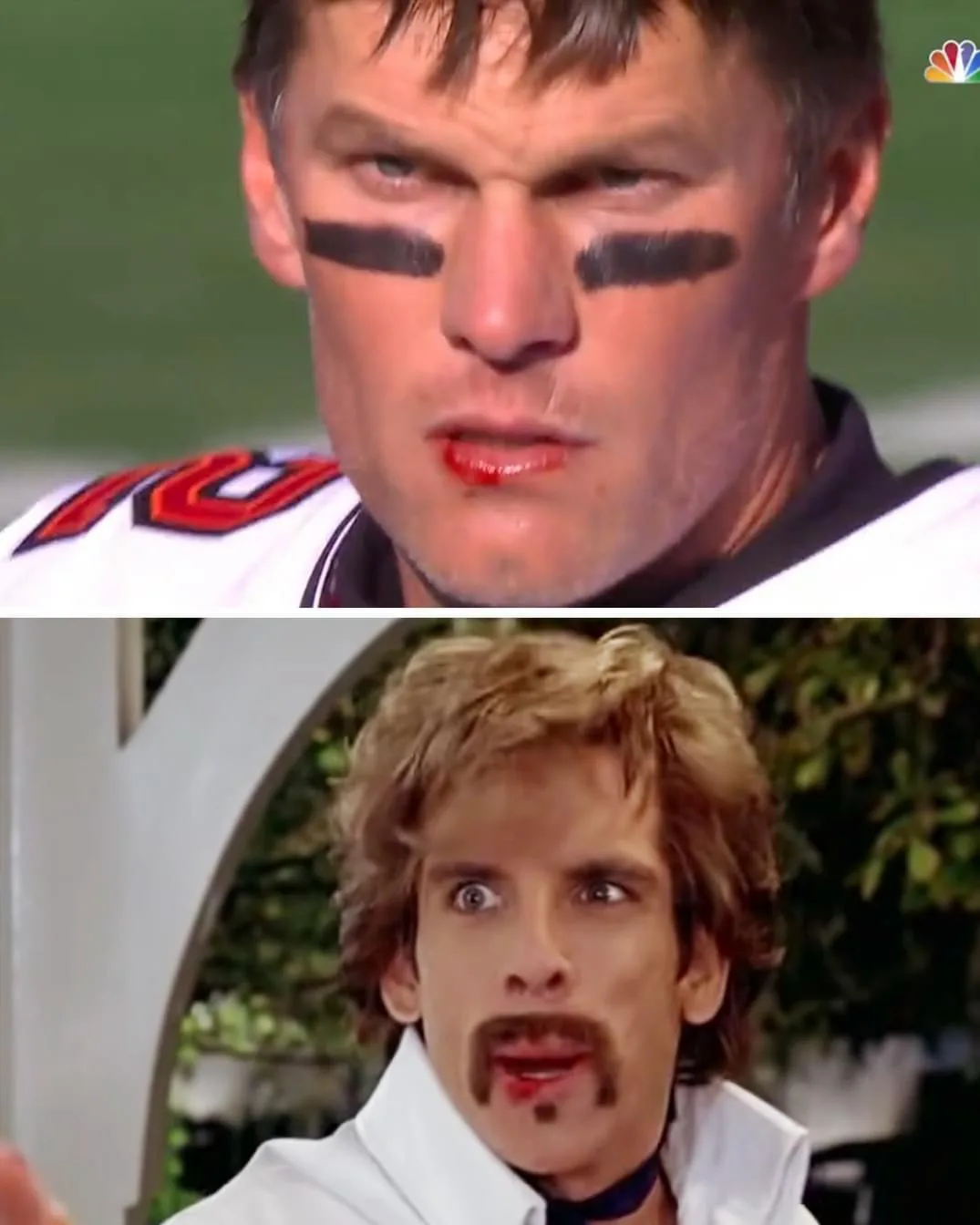 The top panel shows a close-up of a football player with black eye paint, blood on his lips, and a grimace. The bottom panel…
