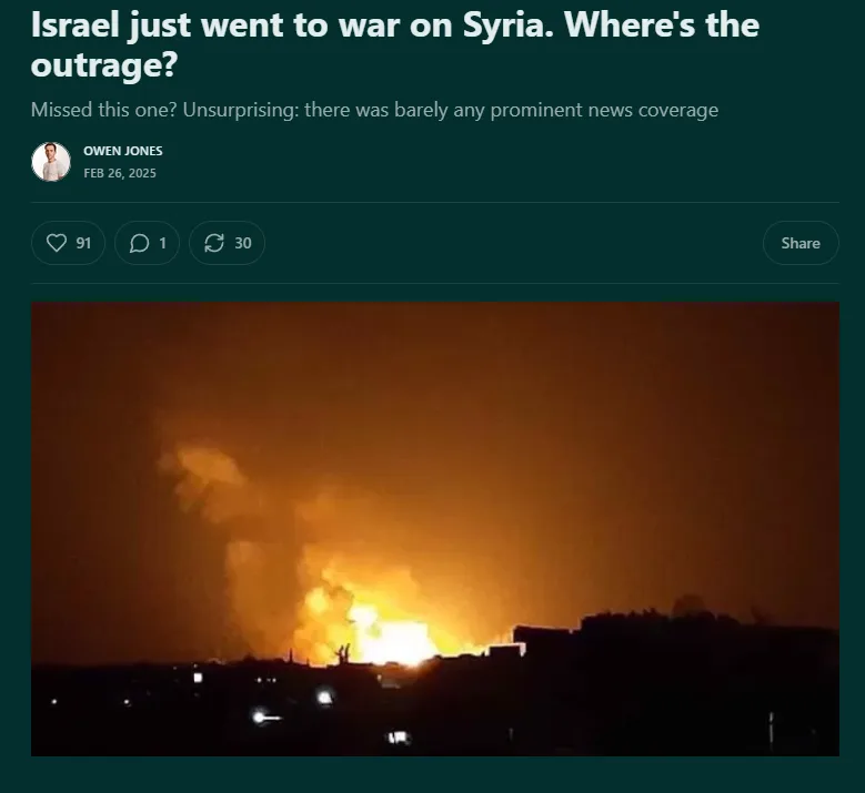 A screenshot of a social media post by Owen Jones dated February 26, 2025, showing a nighttime image of a large fire and…