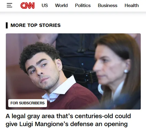 A screenshot of a CNN news article header showing a photo of Luigi Mangione looking bored or unimpressed, with a woman…