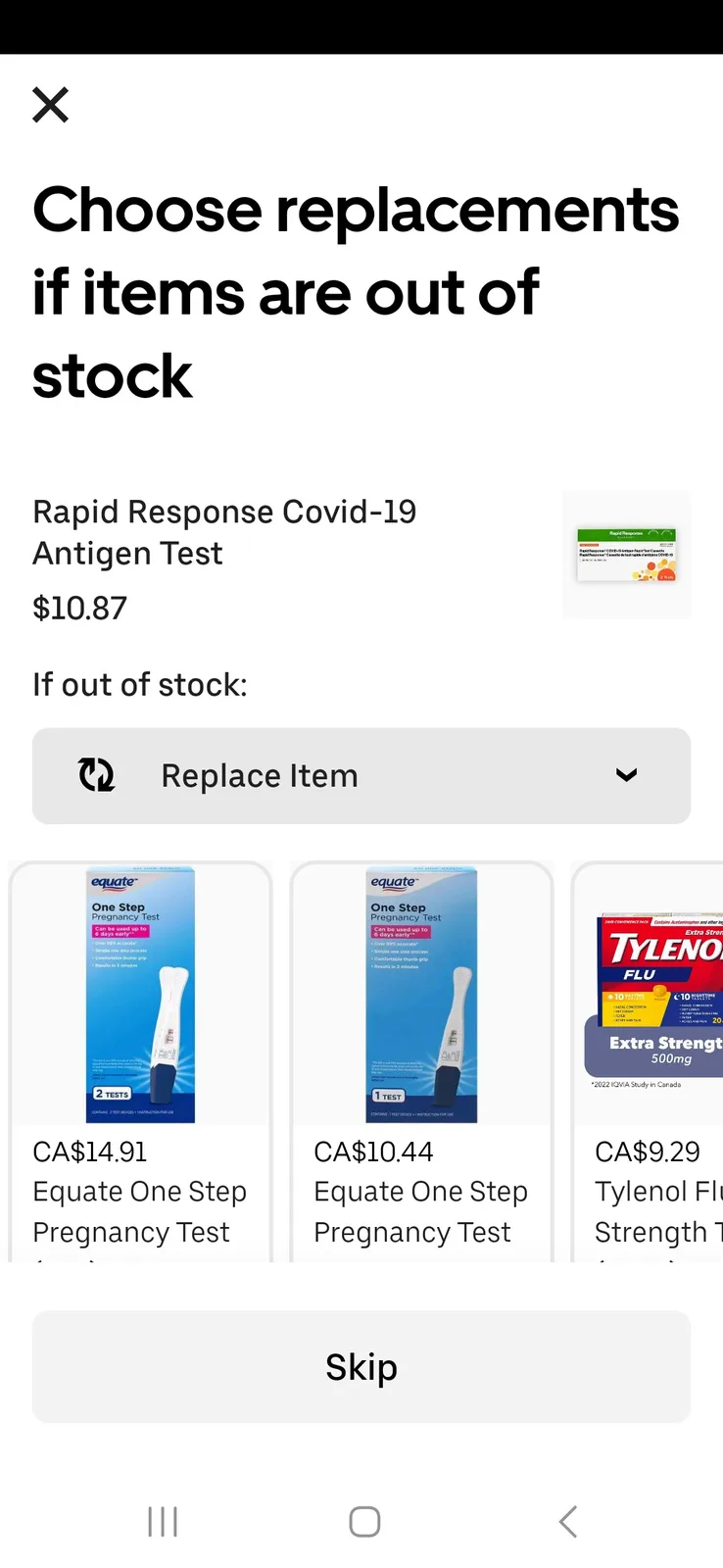 A screenshot of an online shopping app's out-of-stock replacement screen for a 'Rapid Response Covid-19 Antigen Test'. The…