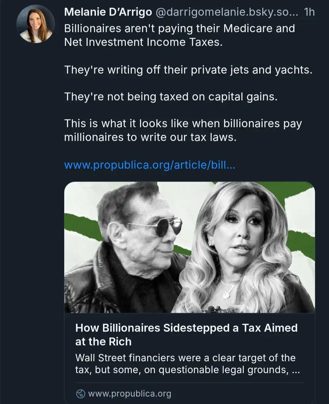 A black-and-white image shows a man in sunglasses and a woman with blonde hair, overlaid with text from a tweet by Melanie…