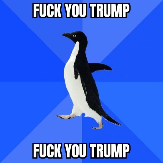 A black-and-white penguin stands centered against a blue background with diagonal stripes. The text 'FUCK YOU TRUMP' appears…
