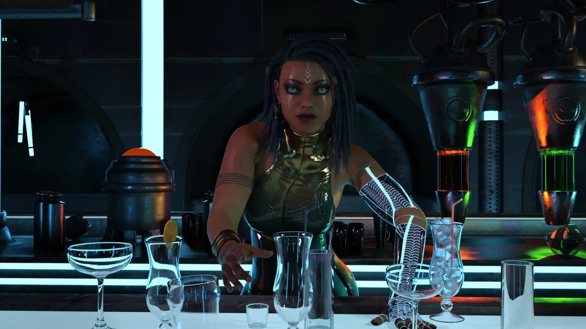 a female bartender with cybernetic arms and glowing tattoos stands behind a futuristic bar, surrounded by neon lights and…