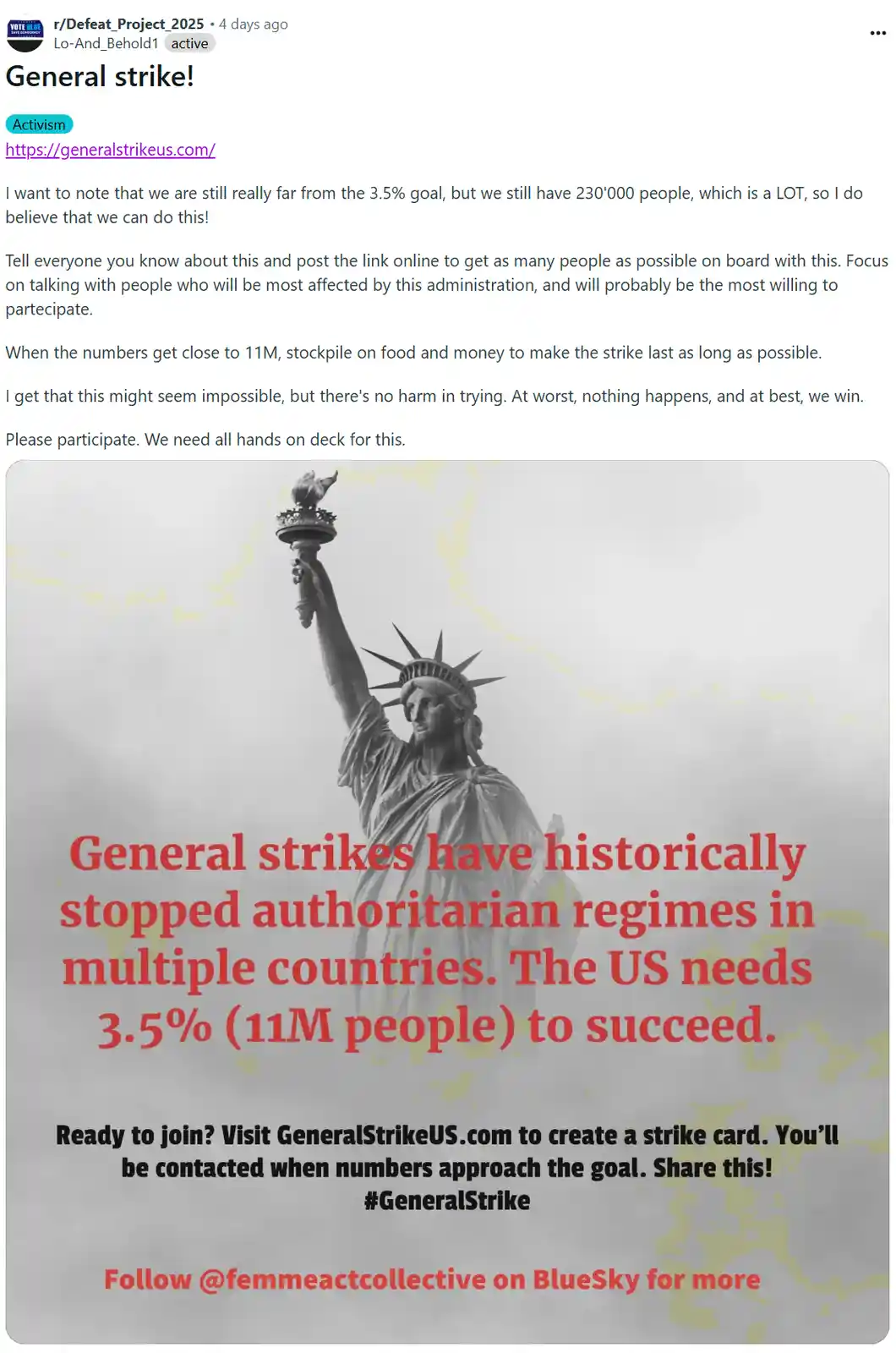 A black-and-white image of the Statue of Liberty with red and black text overlaid. The text claims general strikes have…