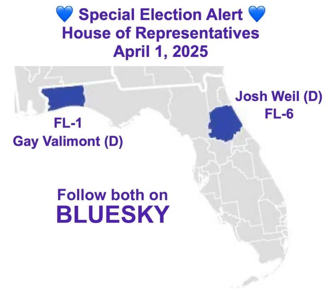 A map of Florida highlights two districts, FL-1 and FL-6, each labeled with a Democratic candidate's name and party…