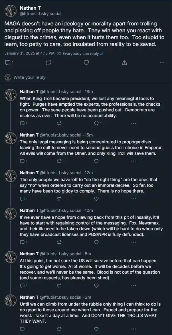 A screenshot of a social media thread by user Nathan T, showing a series of increasingly dire and apocalyptic posts about…
