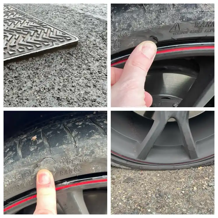 A four-panel image collage shows a man's finger pointing to a small puncture on a car tire, with a manhole cover nearby. The…