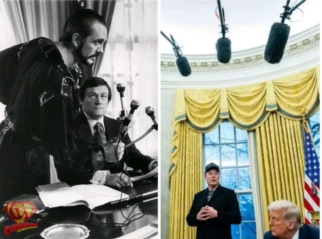 The image is a side-by-side comparison. Left: A black-and-white photo of Elton John leaning over a seated man at a desk with…