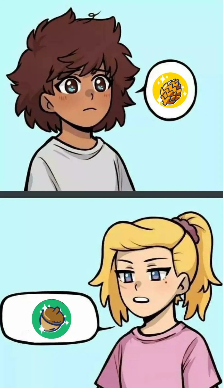 The top panel shows a brown-haired character with a worried expression, their speech bubble containing a yellow circle with…
