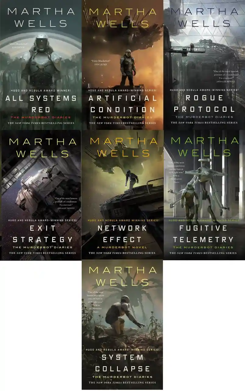 A collage of seven book covers from Martha Wells' 'The Murderbot Diaries' series, each featuring a different sci-fi scene…