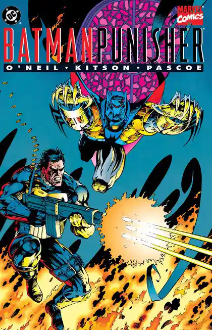 A comic book cover featuring Batman and the Punisher in a dynamic action scene, with Batman flying above and the Punisher…