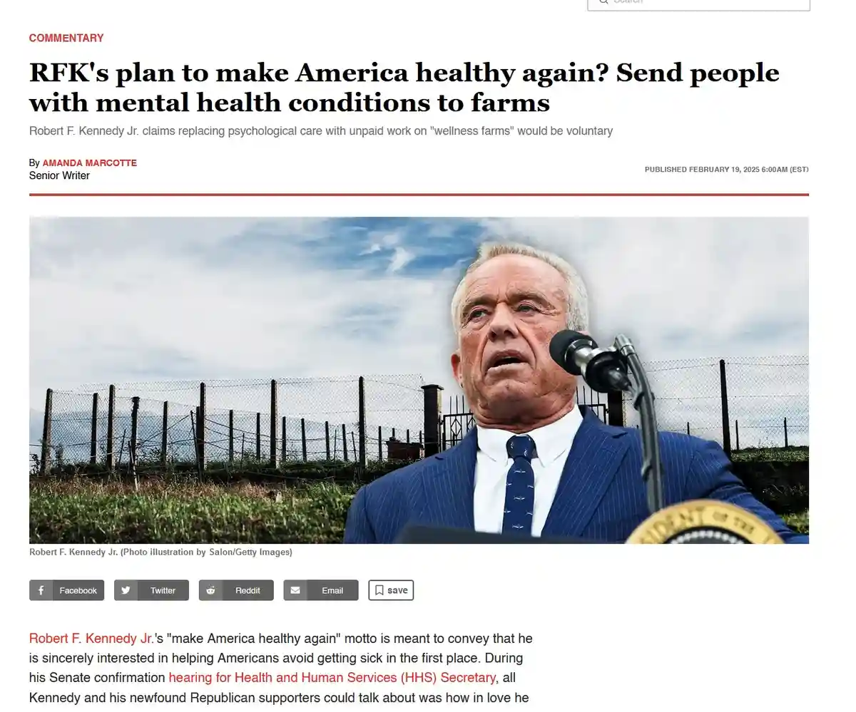 A screenshot of a Salon.com article by Amanda Marcotte, featuring a photo illustration of Robert F. Kennedy Jr. speaking at…