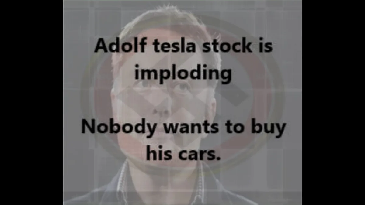 The image shows a man with short hair and a collared shirt, overlaid with bold black text that reads 'Adolf tesla stock is…