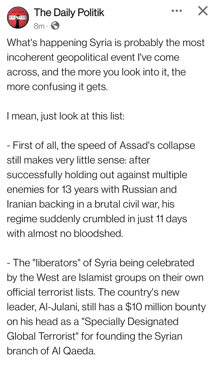 A screenshot of a social media post from 'The Daily Politik' discussing the confusing geopolitical situation in Syria. The…