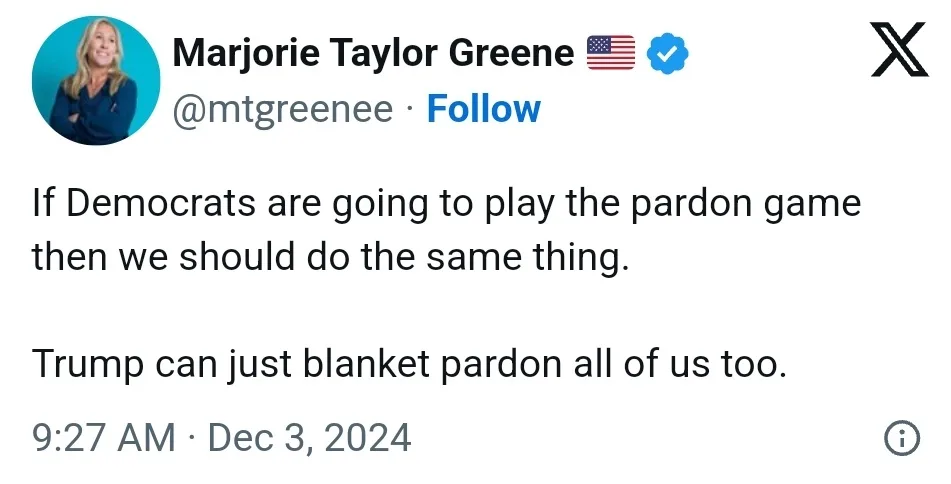 A screenshot of a tweet from Marjorie Taylor Greene's verified X account, showing her profile picture, name, handle, and the…