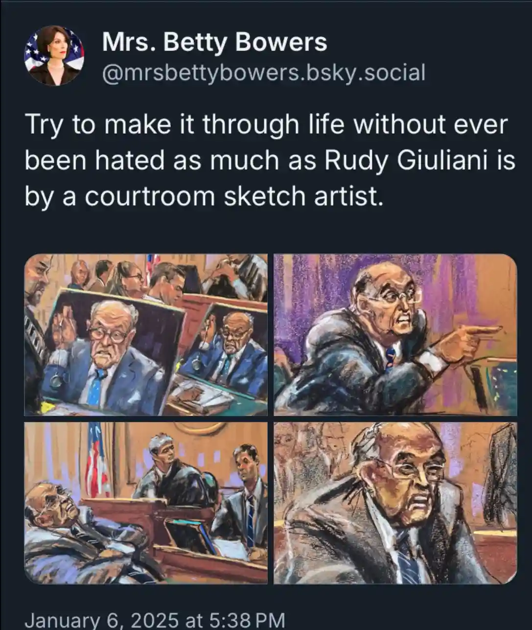 A four-panel courtroom sketch collage shows Rudy Giuliani in various dramatic poses during a trial: pointing angrily…