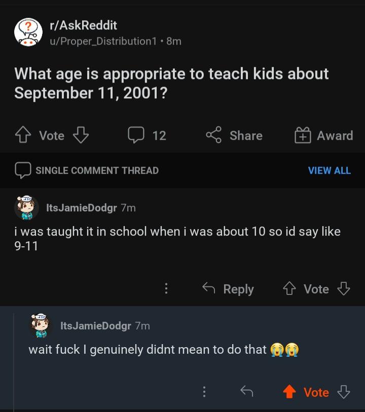 A screenshot of a Reddit comment thread from r/AskReddit where a user answers a question about teaching kids about 9/11 by…