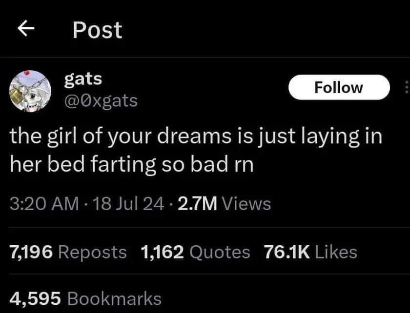 A screenshot of a social media post from user 'gats' with a black background and white text. The post reads 'the girl of…