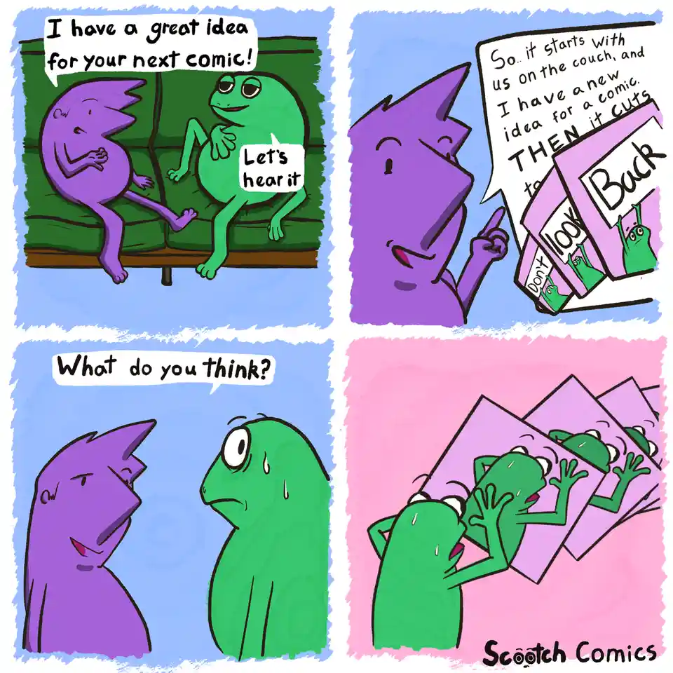 A four-panel comic strip featuring two cartoon characters, a purple one and a green frog-like one, sitting on a couch. The…