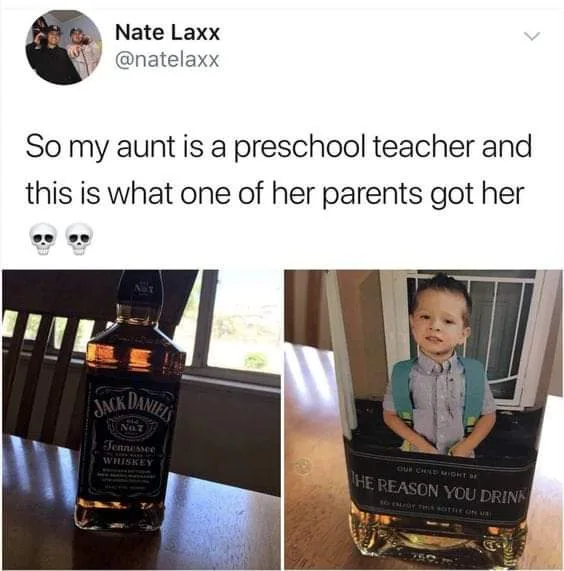 The image displays a split-screen: on the left, a bottle of Jack Daniel's Tennessee Whiskey sits on a wooden table; on the…