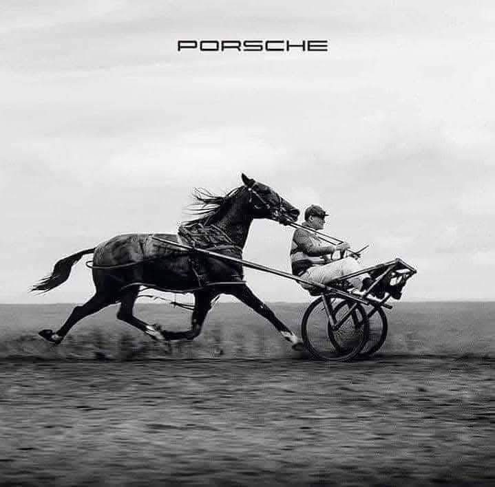 A black and white photo shows a person driving a two-wheeled cart pulled by a single horse across a flat, open field. The…