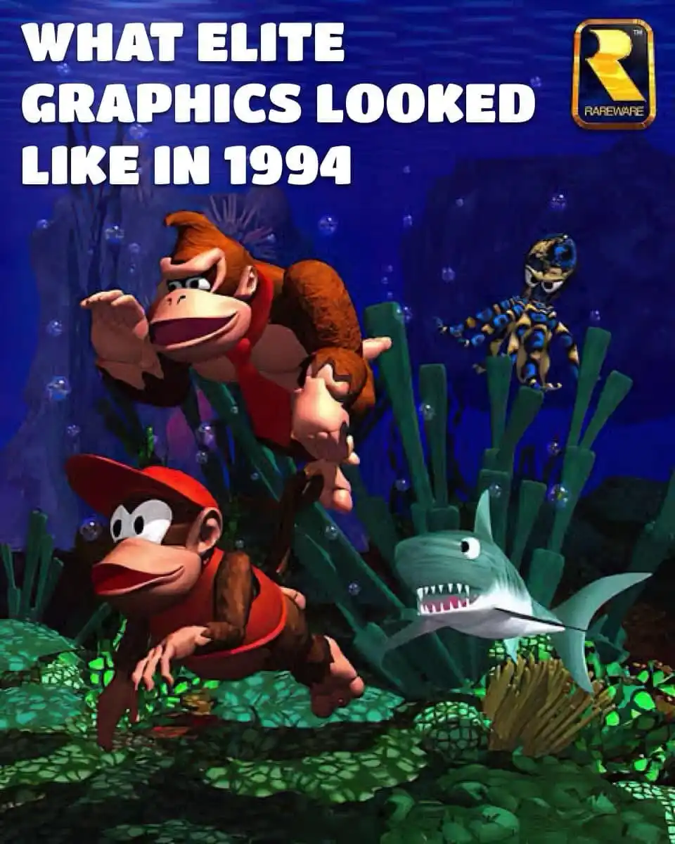 An underwater scene from the 1994 video game Donkey Kong Country, featuring Donkey Kong and Diddy Kong swimming near coral…