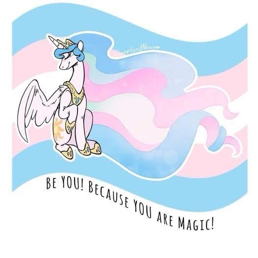 A cartoon unicorn with a blue horn, blue hair, and wings sits atop a waving trans flag background. The text 'BE YOU! BECAUSE…