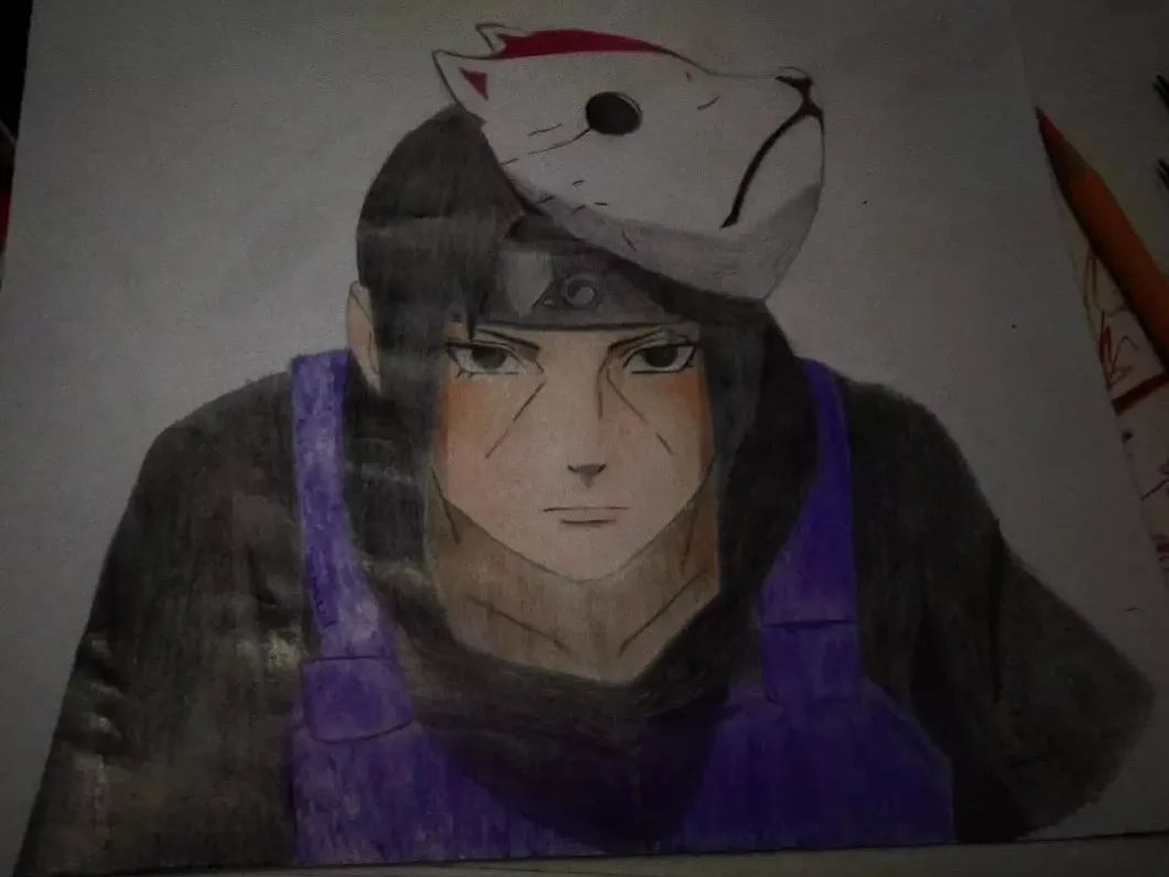 A hand-drawn anime-style portrait of a male character with dark hair, a forehead protector, and purple vest, with a white…