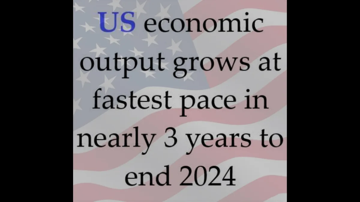 The image displays a faded American flag background with bold black text overlaid, stating 'US economic output grows at…